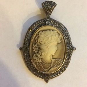Vintage .925 Silver Marcasite Cameo Shell Pendant